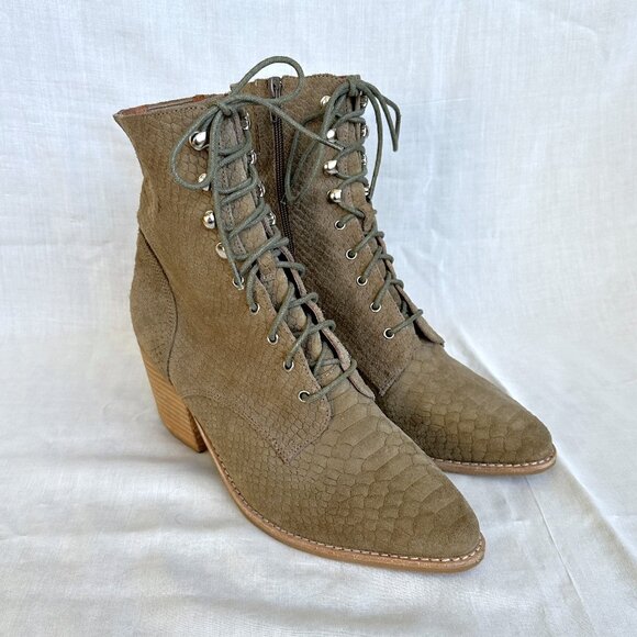 Jeffrey Campbell x Free People Elmcroft Suede Boots, Khaki Matte Snake, Size 10 - Picture 3 of 13